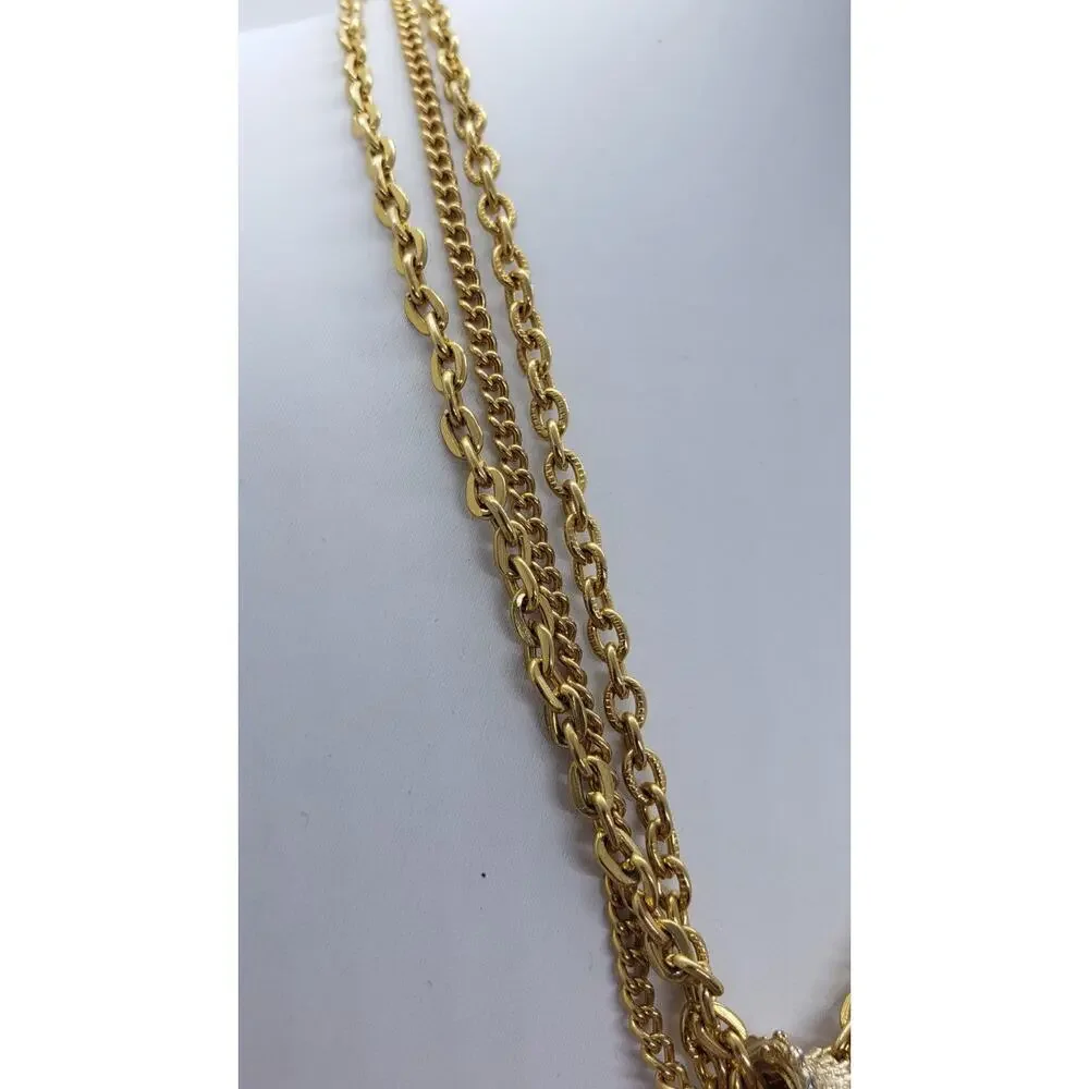 Vtg Pearl Pendant Necklace Tassel Triple Chain Gold Plated 70s Celebrity